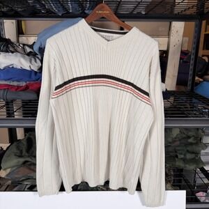 Y2K Arizona Jean Company Mens V-Neck Striped Sweater Large Beige Cotton Acrylic
